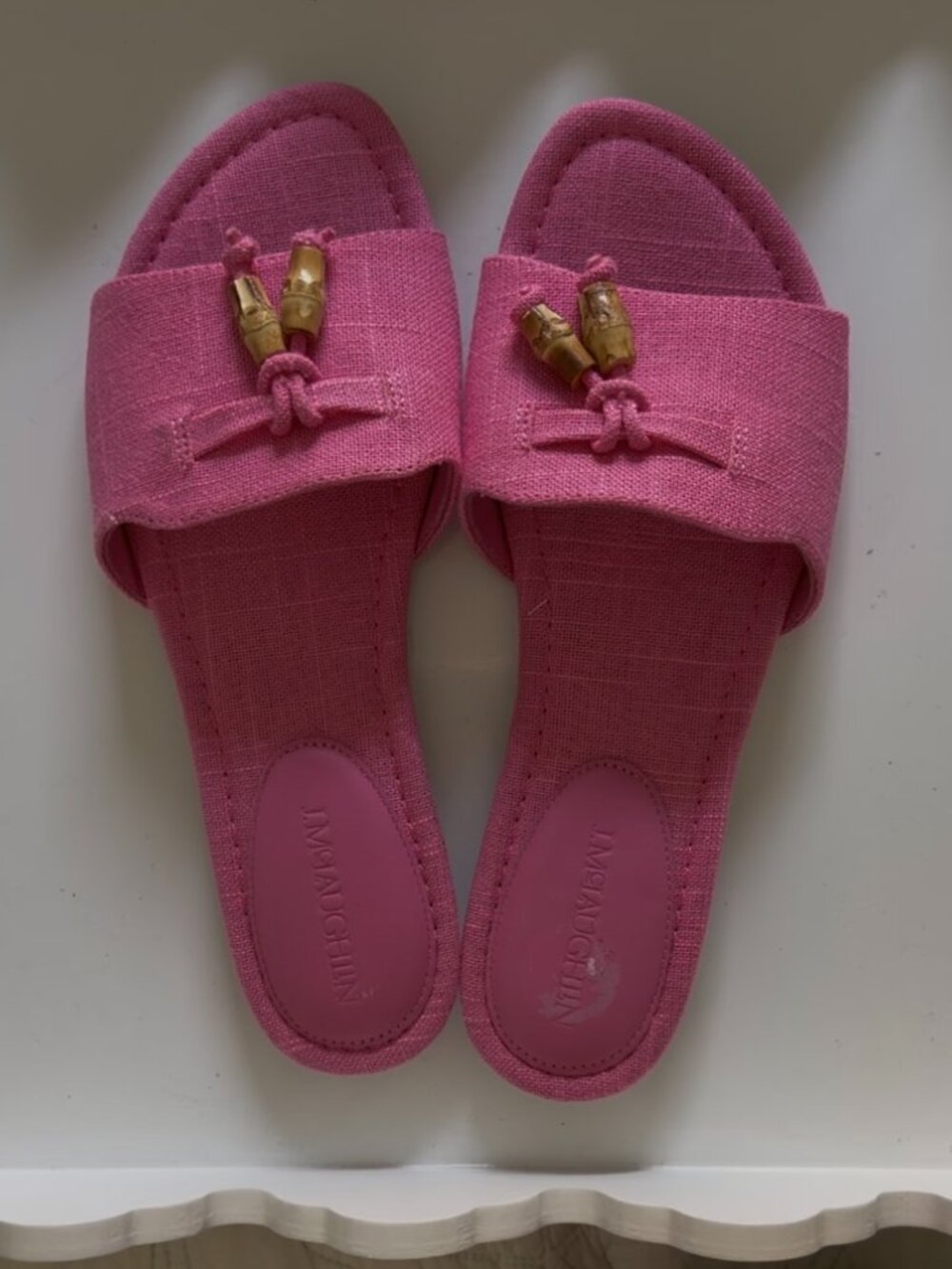 NWOT J McLaughlin Hot Pink Linen Slides with Bamboo Tassels